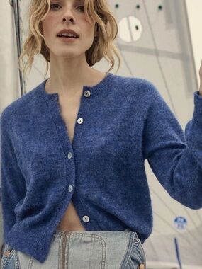 NWT Doen Petra Alpaca Merino Wool Button Knit Cardigan Sweater Blue Dusk Navy